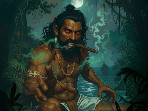 Illustration of El Mohán, a mythical Colombian river spirit with long hair, tanned skin, and glowing eyes, smoking a cigar by the foggy waters of the Magdalena River — part of the “Latin Legends” series by Pachamama Latino Store.