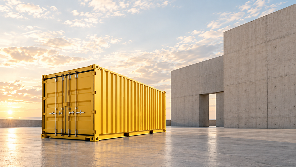 Gelber Seecontainer vor moderner Betonarchitektur – Containerbeschaffung mit Tantlinger.pn