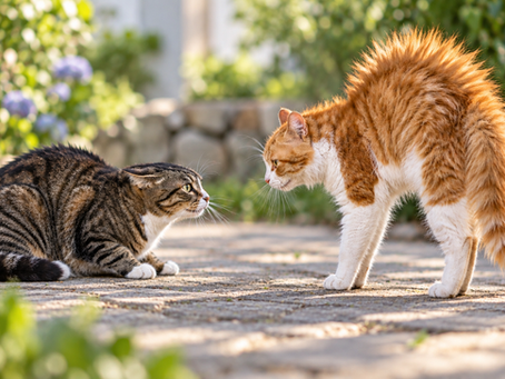 Two garden cats in a standoff