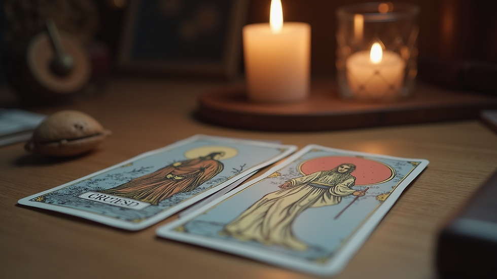 Eye-level view of a tarot card spread on a wooden table