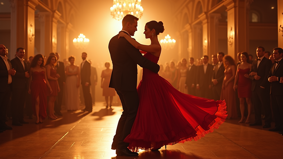 Eye-level view of a tango dancer showcasing a vibrant dress