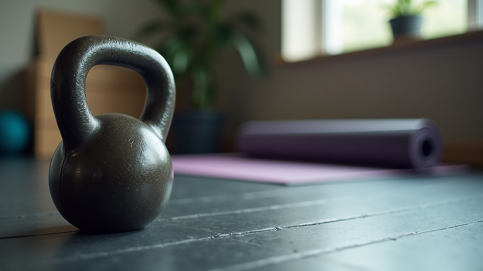 Close-up view of a kettlebell on a gym floor with a yoga mat in the background