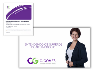 Mulher sorrindo em um fundo branco ao lado de texto e logotipo roxos sobre consultoria financeira. Curso gratuito com boa avaliação.
