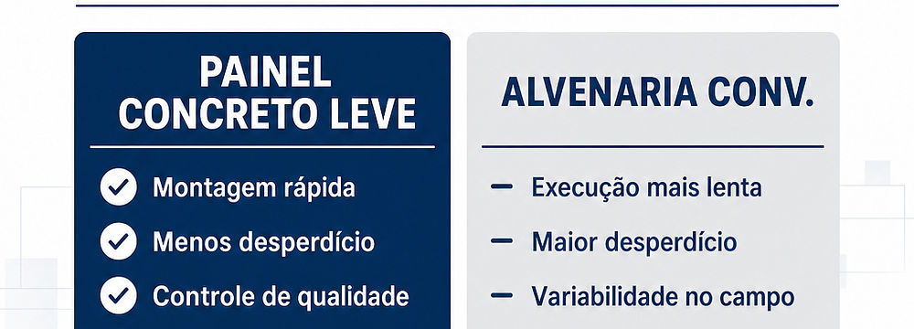 Infográfico comparando Painéis de Concreto Leve vs Alvenaria Convencional destacando maior produtividade.
