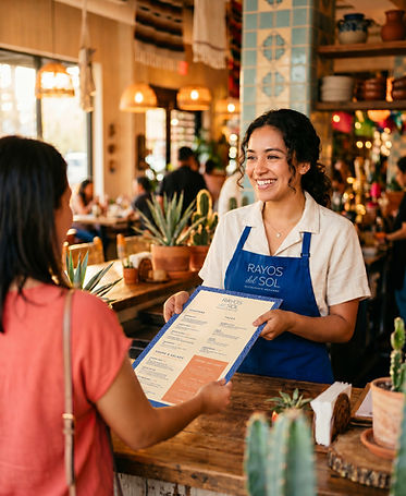 Smiling restaurant employee in a Rayos del Sol apron handing a menu to a customer at the host stand.