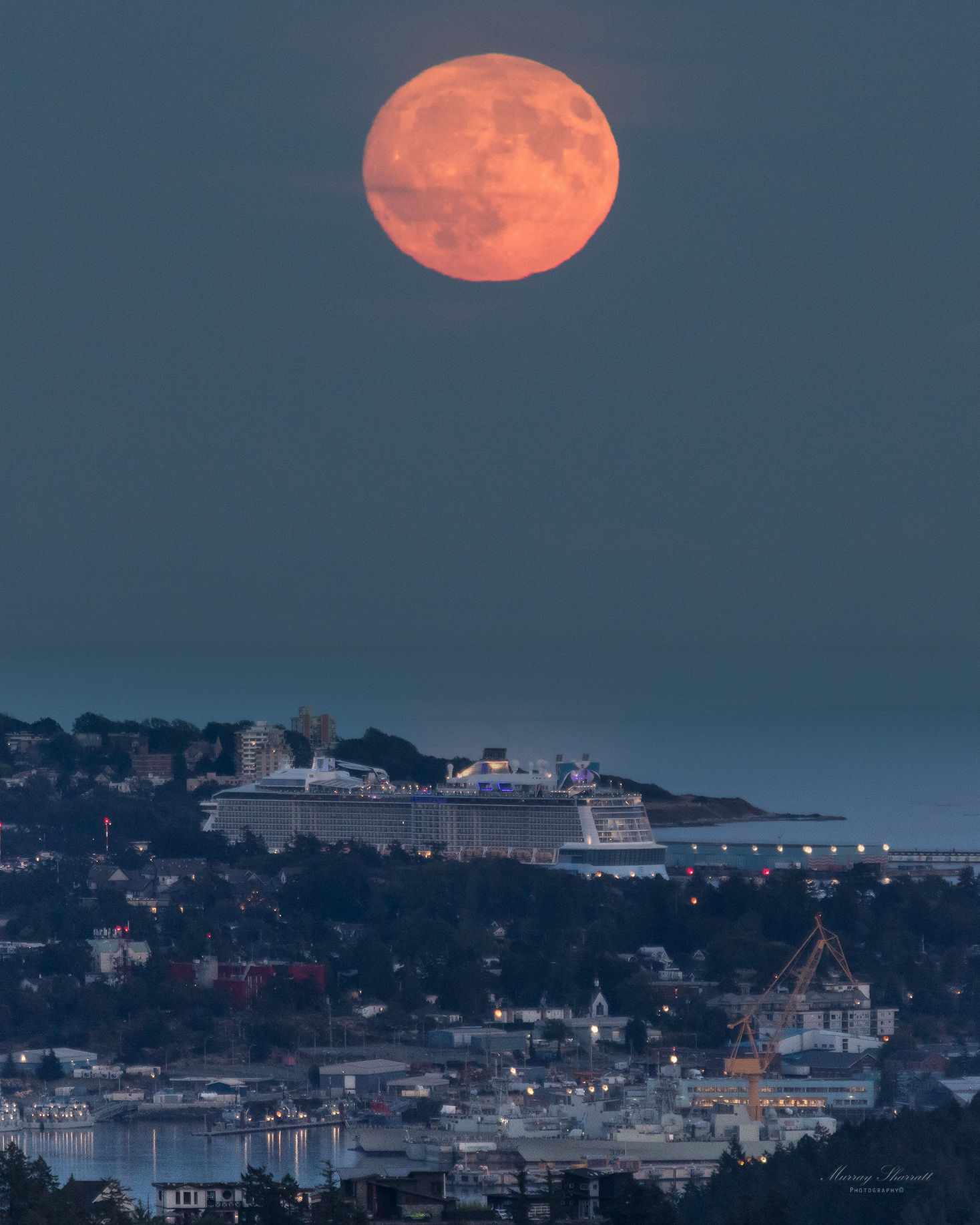 Super Blue Moon over Ogden Point and Esquimalt Harbour from BearMt., Langford B.
