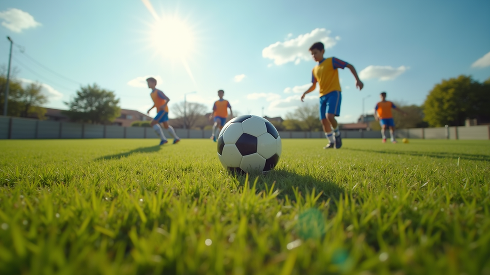 Eye-level view of a youth soccer field during a practice session