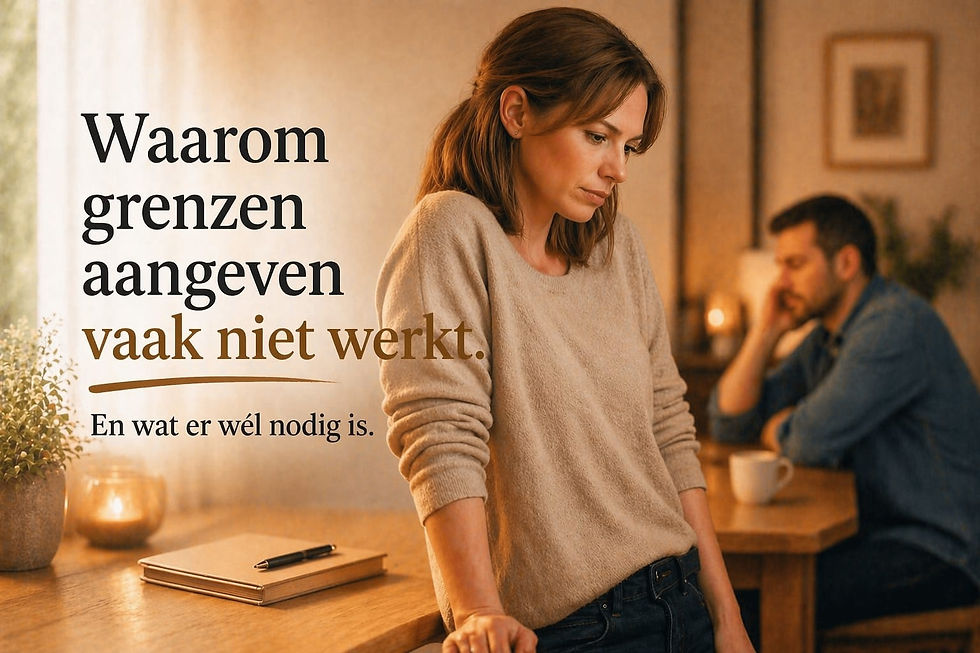 Afbeelding van een dame die onder druk staat en een grens wil stellen maar het moeilijk heeft die te behouden. Oogt als een conflict situatie.