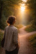 Een afbeelding van een dame die voor een kruispunt staat en twijfelt over welke richting in te slaan