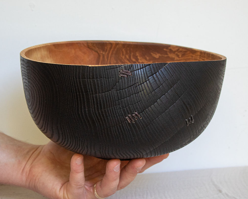 Large Warped Ash Bowl with Yakisugi Finish and Stitched Repairs