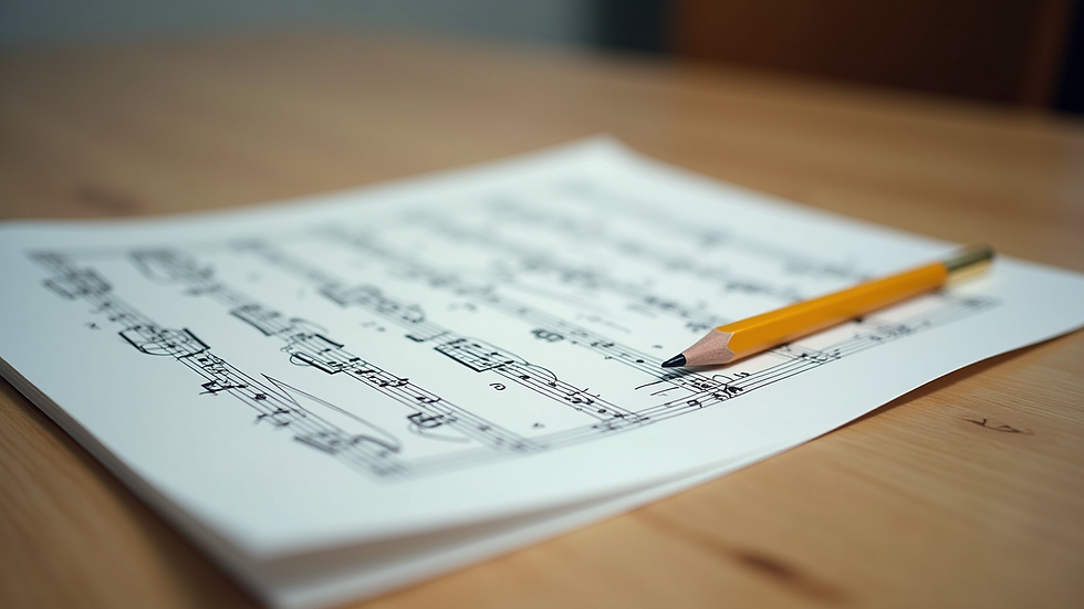 Close-up view of a music sheet and a pencil on a wooden table