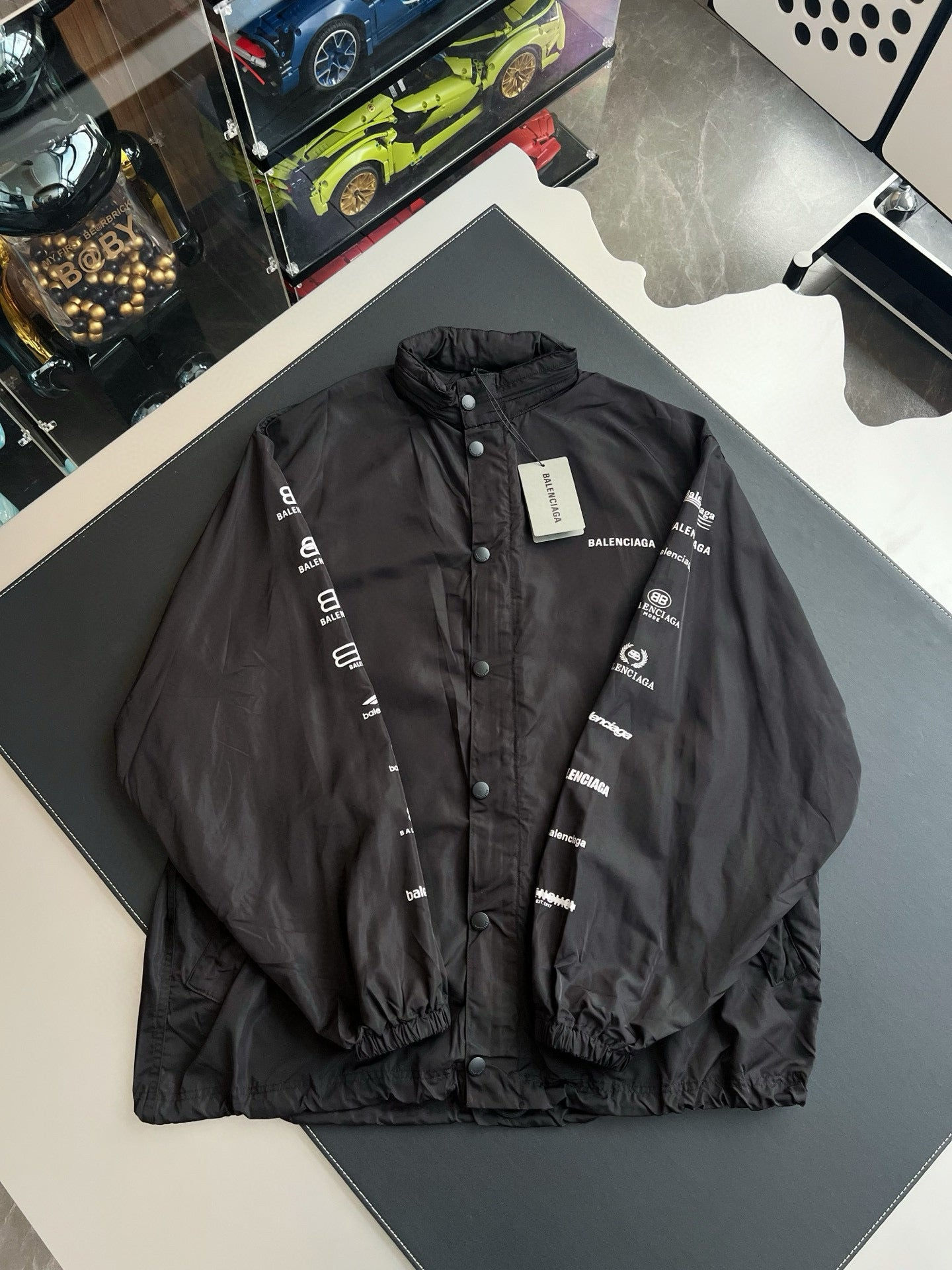 Balenciaga All-Over Logo Snap Jacket – Black