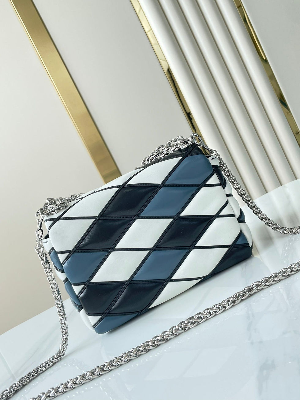 Thumbnail: GO-14 MM 23 IN WHITE BLACK MIX STEEL BLUE QUILTED LAMBSKIN — Monogram Canvas