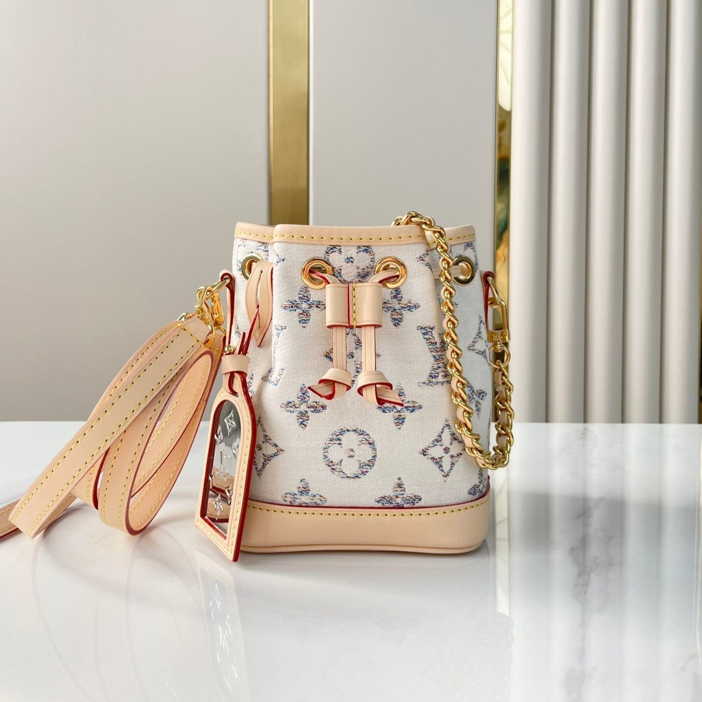 NANO NOÉ 16 IN WHITE MONOGRAM JACQUARD FABRIC AND BEIGE — Monogram Canvas