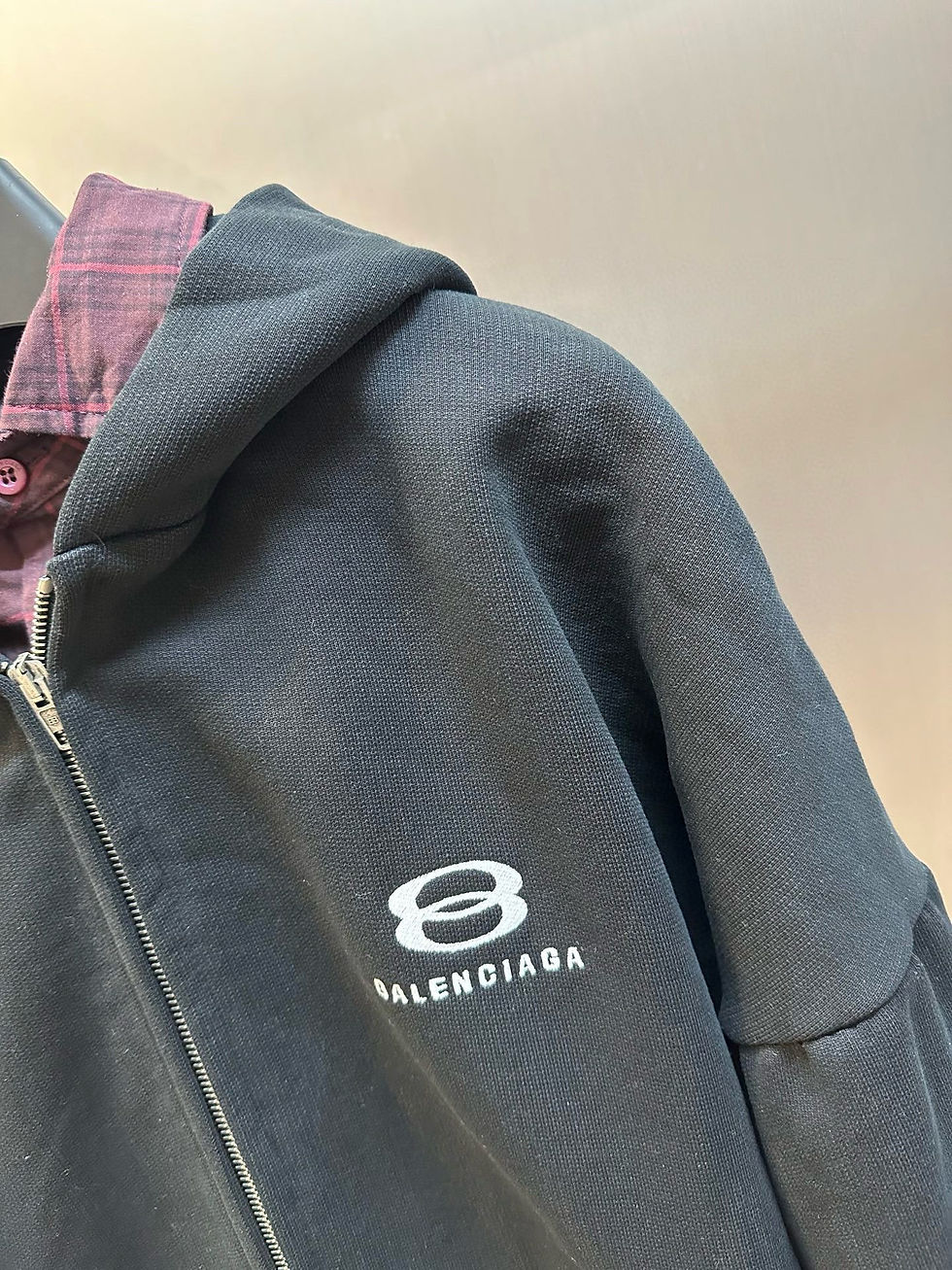 Thumbnail: Balenciaga BB Logo Zip Hoodie over Check Shirt – Black