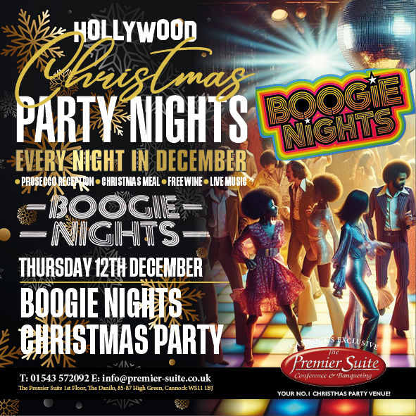 🪩👯Boogie Nights 70's & 80's Christmas Party Night at The Premier Suite, Cannock