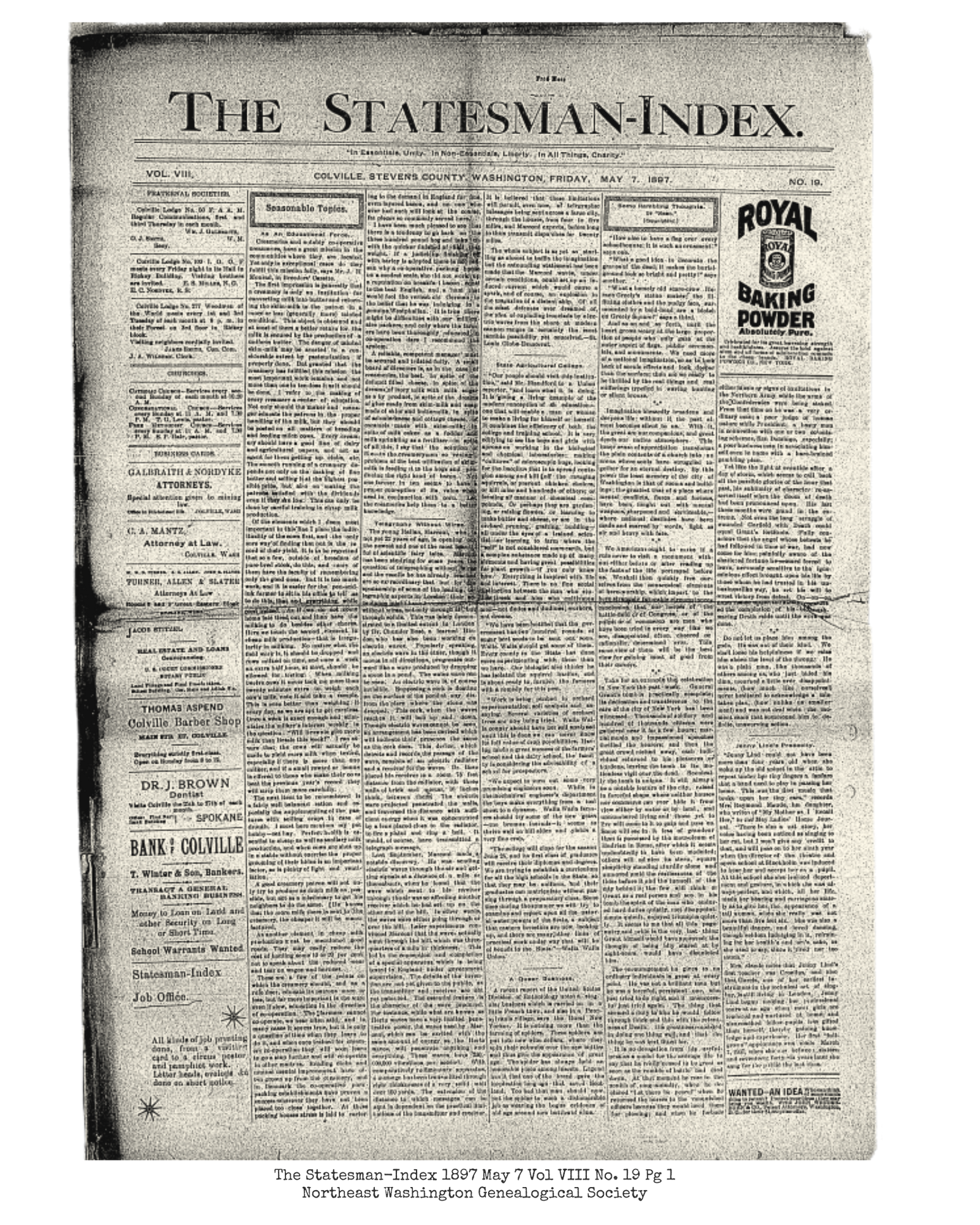 The Statesman-Index 1897 May 7 Vol VIII No. 19 Pg 1
Northeast Washington Genealogical Society