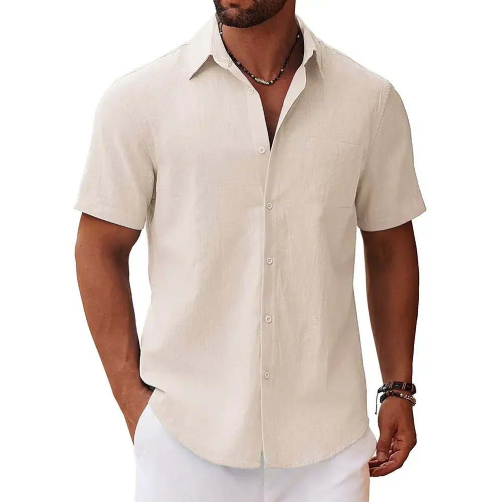 Men's Cotton Linen Short Sleeve Casual Shirt with Turn-Down Collar