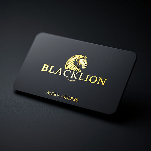 Luxury matte black membership card, embossed gold BLACKLION logo, BLACKLION ENTRY ACCESS t