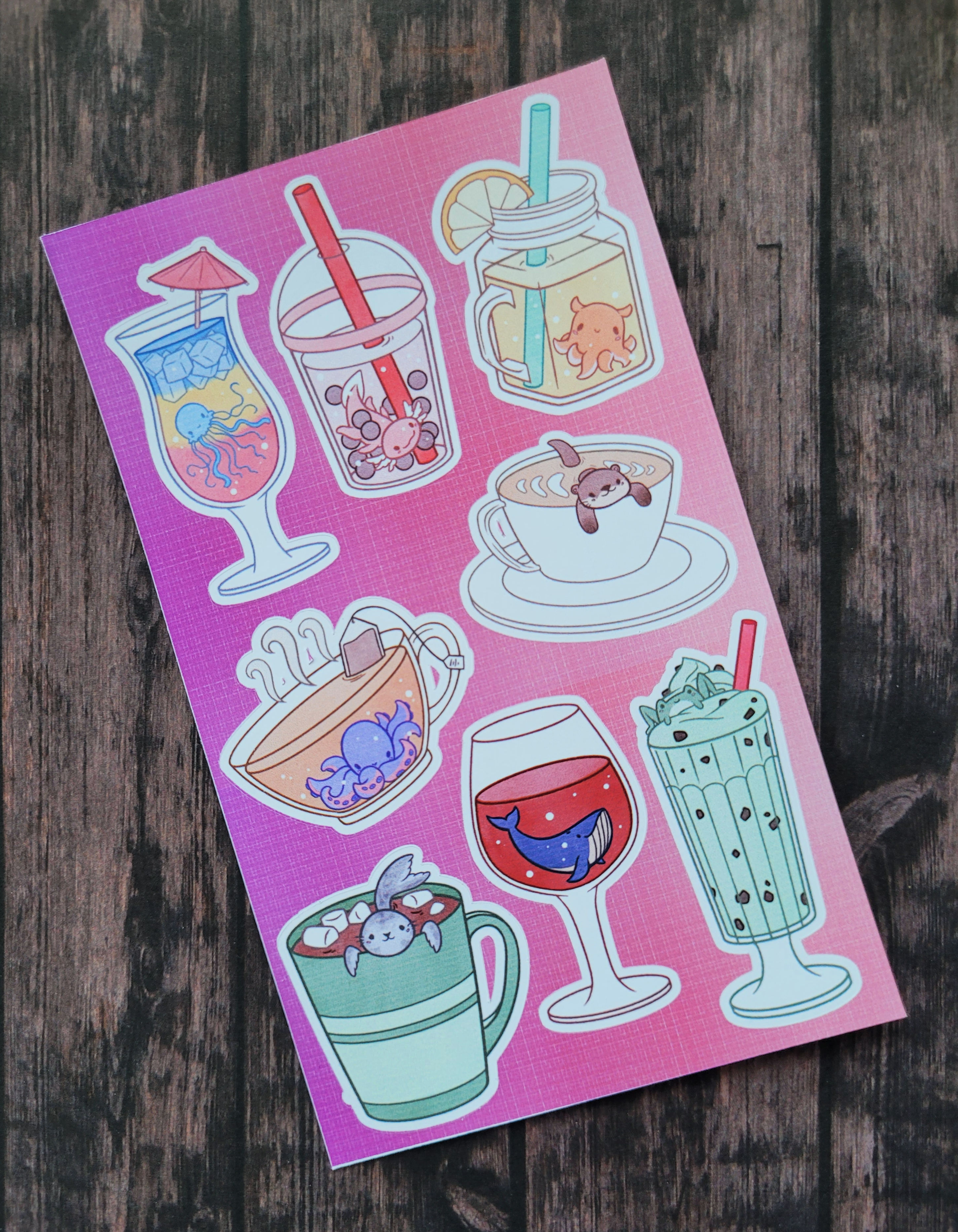 Cute Animal Sticker Sheet, Animals In Drinks Stickers, Hand-Drawn Sticker Sheet