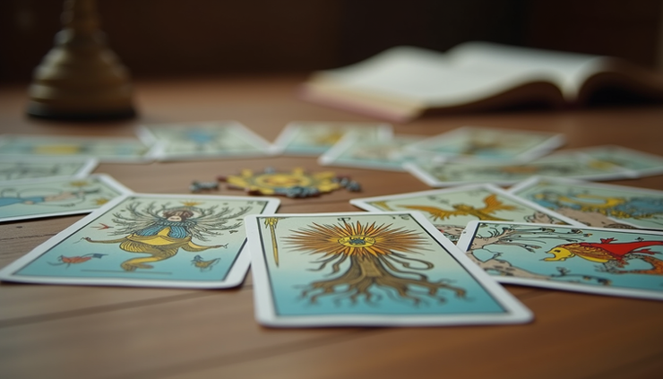 Eye-level view of a tarot deck spread on a wooden table with symbolic cards