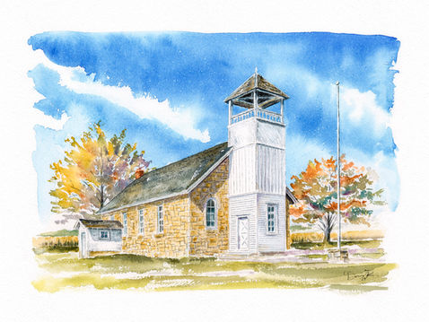 Painting of a stone schoolhouse with a white bell tower in a fall setting located in Jefferson County Kansas