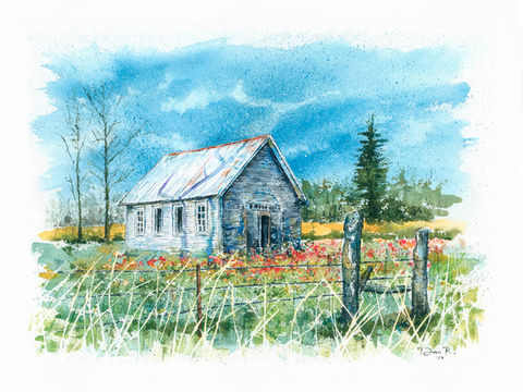 Painting of a schoolhouse behind a fence with wildflowers