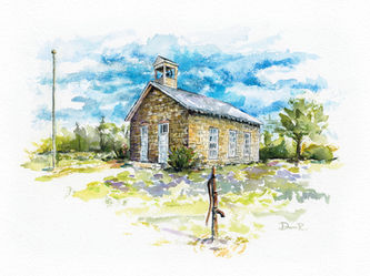 Painting of a stone school house with a pump in the foreground located in Emporia Kansas