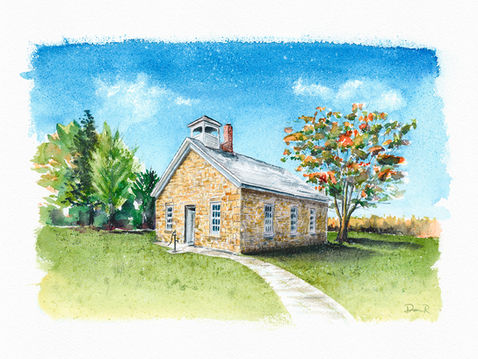 Painting of a historic stone schoolhouse in Johnson County Kansas