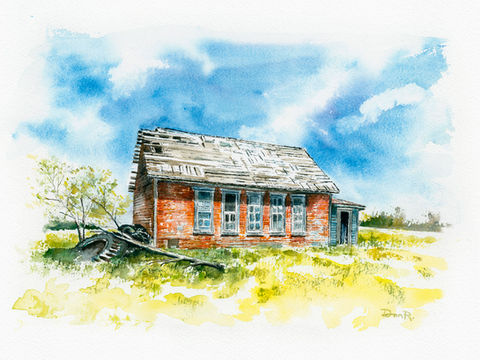 old schoolhouse in rural landscape in Rooks County Kansas