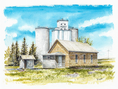 Painting of a stone schoolhouse in front of a grain elevator
