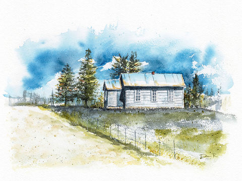 painting of schoolhouse on dirt road in front of pine trees