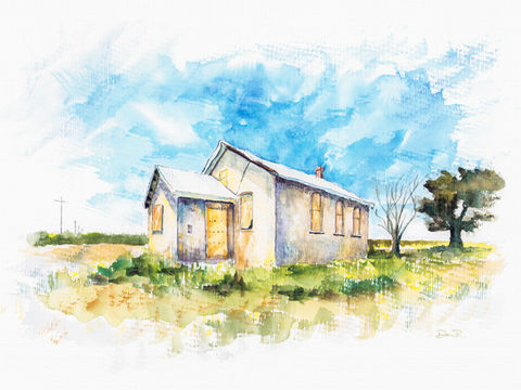 Stucco schoolhouse in rural Logan County Kansas