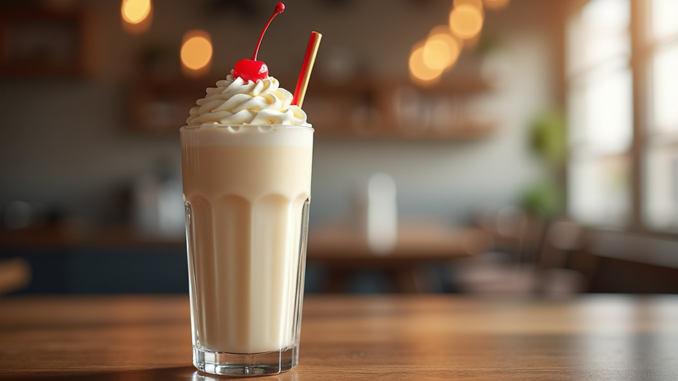 Close-up view of a classic old-fashioned milkshake in a tall glass with whipped cream and cherry on top