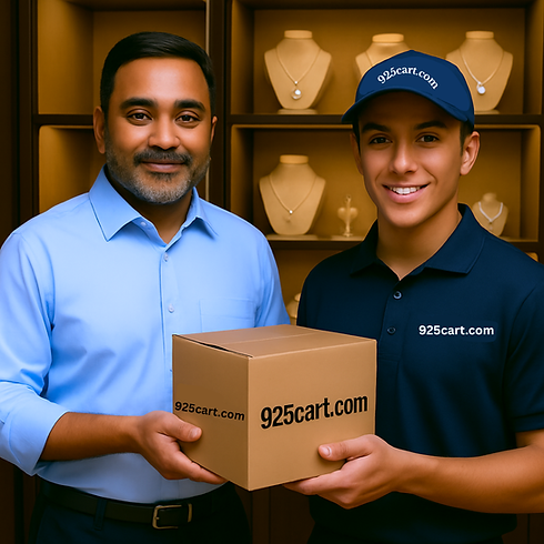in this image 925cart employee is handing over silver jewellery to the retailer who had ordered from our website. Delivering silver online to jewellers