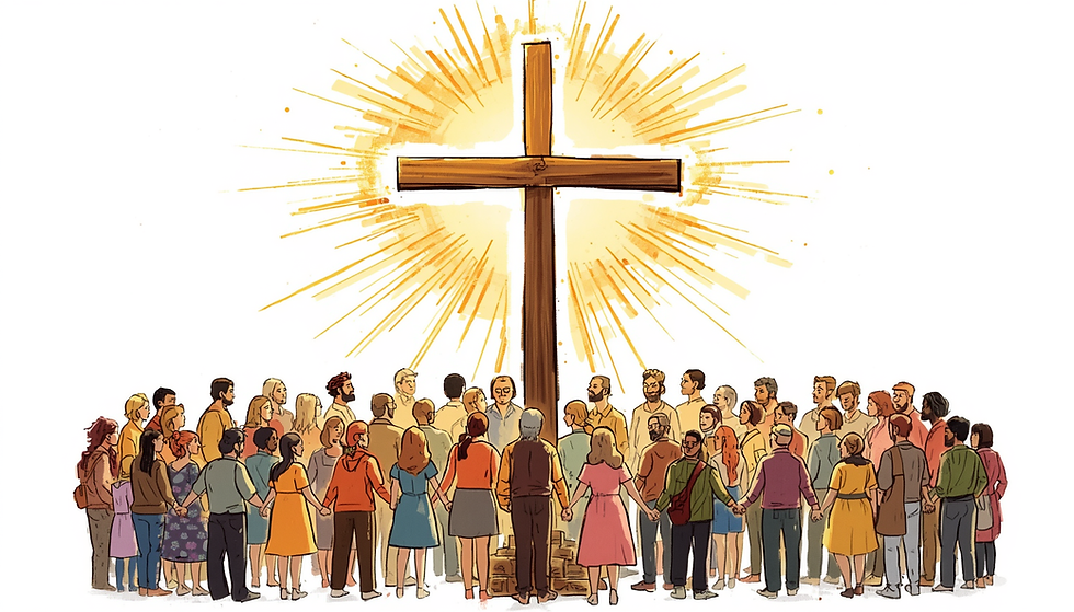 An illustration of a large, glowing wooden cross radiating bright golden light against a plain white background. A large, diverse crowd of men, women, and children stand in a wide circle around the base of the cross, holding hands and facing inward, symbolizing unity, peace, and togetherness.