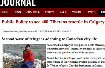 Screenshot of article "1,000 Tibetans" with an image of a Tibetan refugee sitting on a rock near a river in Calgary, Alberta.