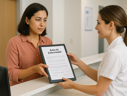 Policyholder submitting documents to process her major medical expenses insurance at a hospital front desk.