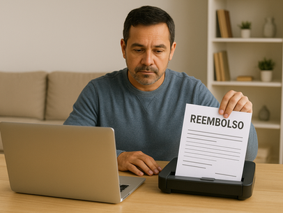 Man in front of his laptop, scanning medical bills and documents to request a reimbursement from his insurance.