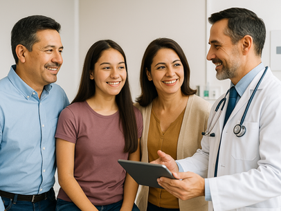Family receiving medical guidance at a hospital as part of their major medical expenses insurance.