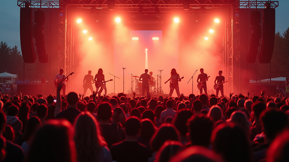 High angle view of a lively music festival with diverse performers