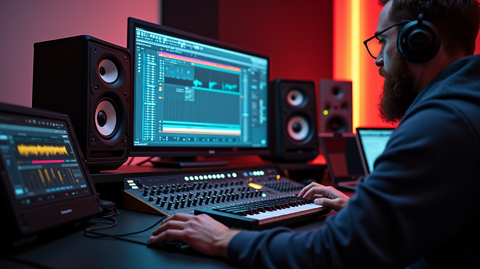 High angle view of a digital audio workstation screen showing mastering software