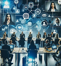 A modern and dynamic image representing conferencing solutions, featuring elements like vi