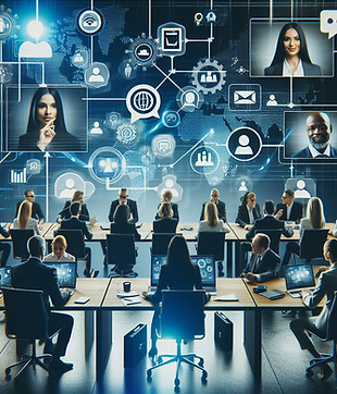 A modern and dynamic image representing conferencing solutions, featuring elements like vi