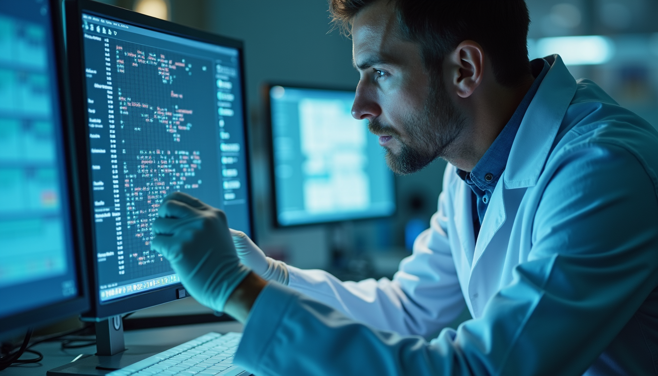 eye-level view of laboratory technician analyzing genetic data on computer