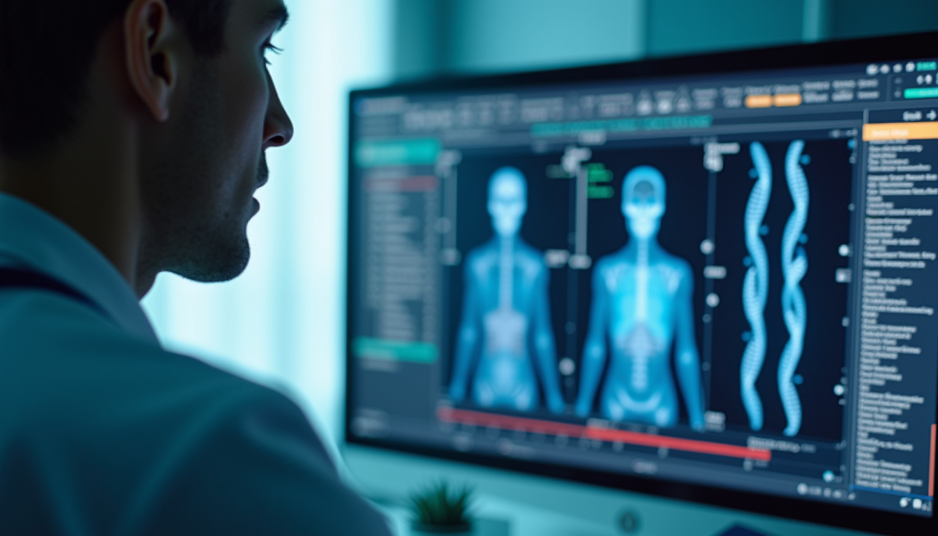 Eye-level view of a doctor reviewing genetic test results on a computer screen