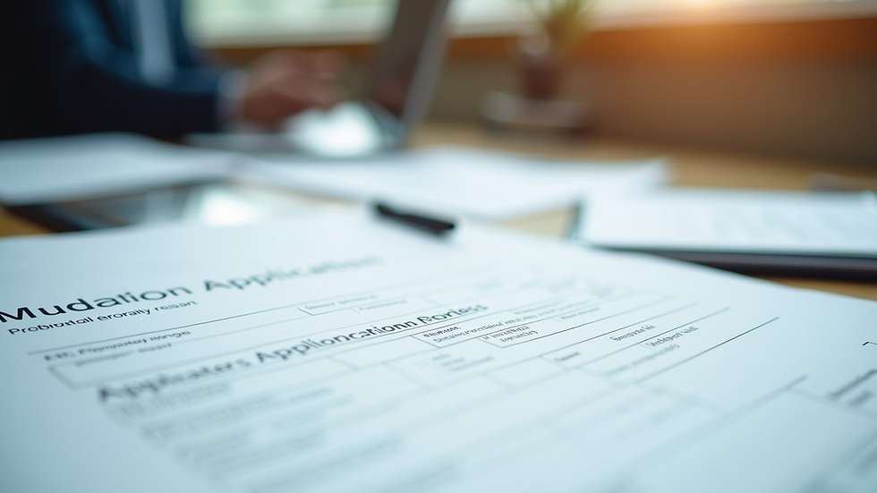 Close-up view of property documents and mutation application form on a desk