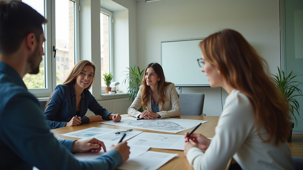 Wide angle view of a real estate agent discussing property plans with clients in an office