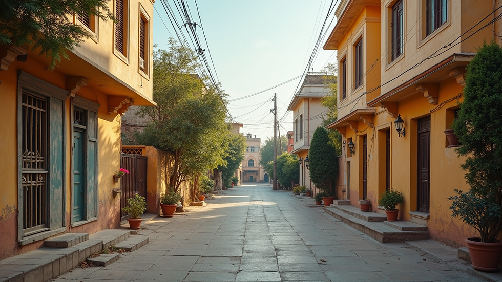 Wide angle view of a peaceful residential street in Udaipur