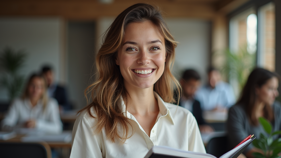 Vue en gros plan d'une personne souriante tenant un carnet de notes avec des objectifs écrits